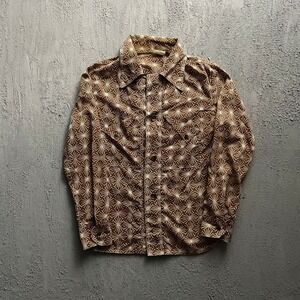 Vintage Geometric Sunburst Button Up Shirt Mens Small Brown 70s Leeds